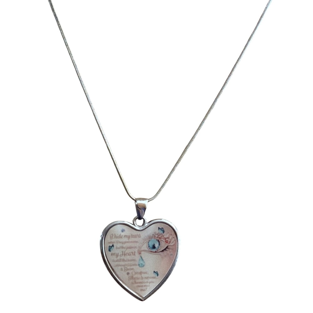 Silver Tone Heart Pendant Necklace Weeping Eye Butterfly Poem Snake Chain Gift